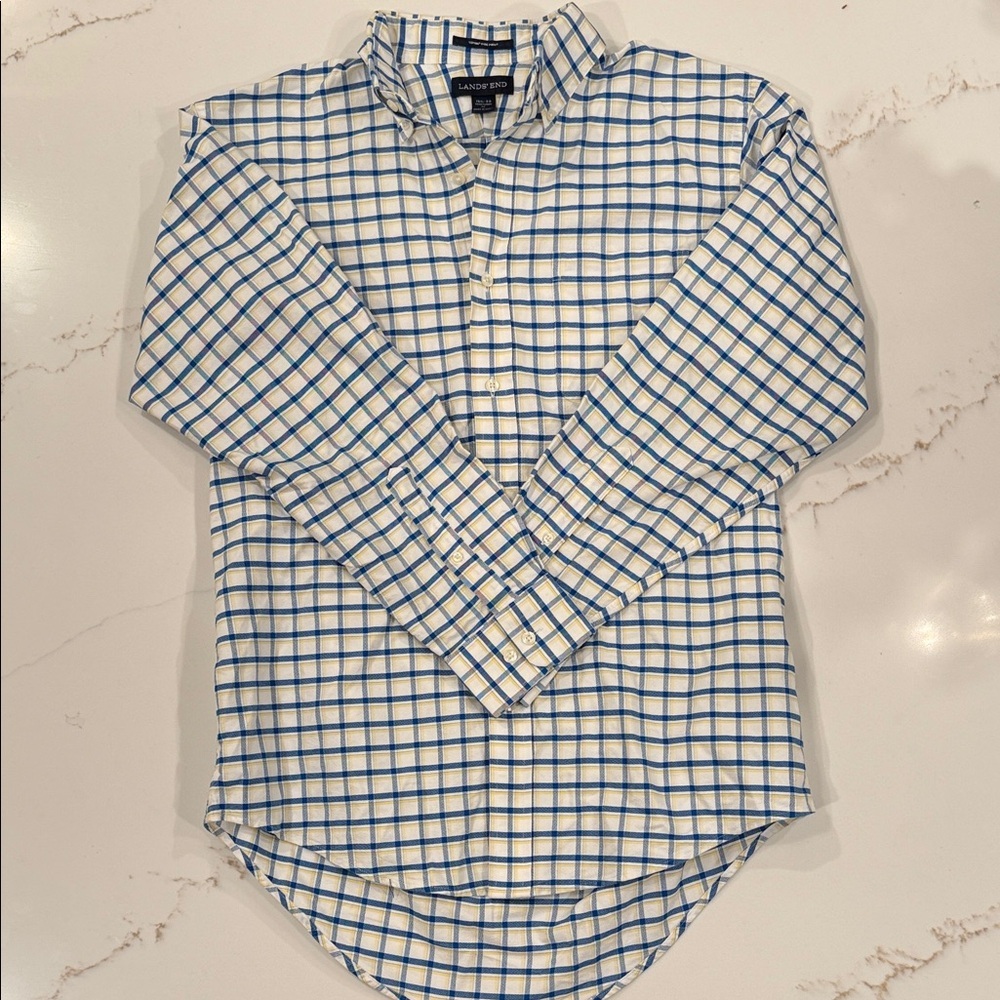 Lands’ End Supima Hyde Park Plaid Button Down Shirt Blue Yellow 15.5x33